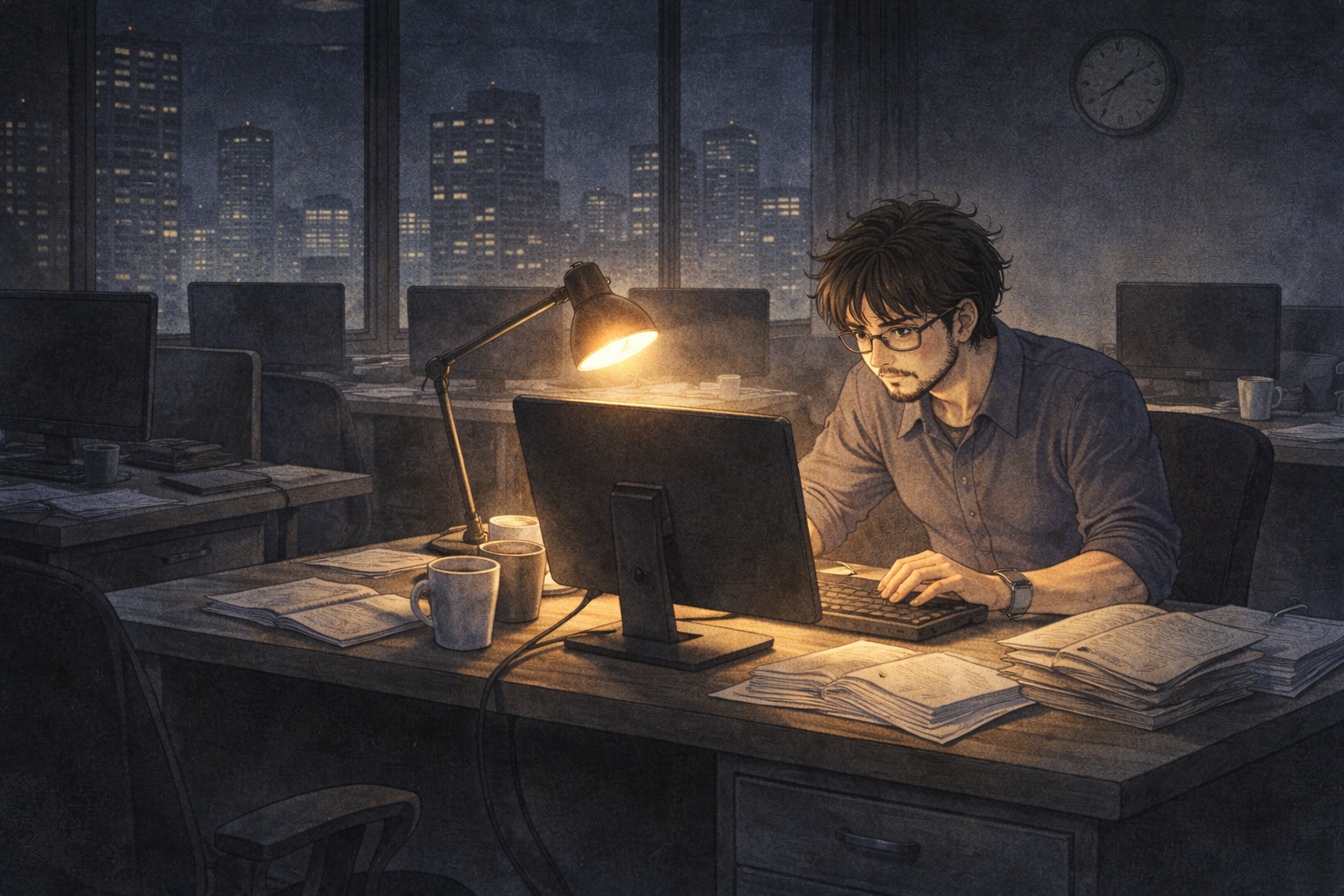 A late-night office — rows of empty desks in darkness, one light still on at Faris's desk. Papers scattered, coffee cups, clock showing 11 PM.